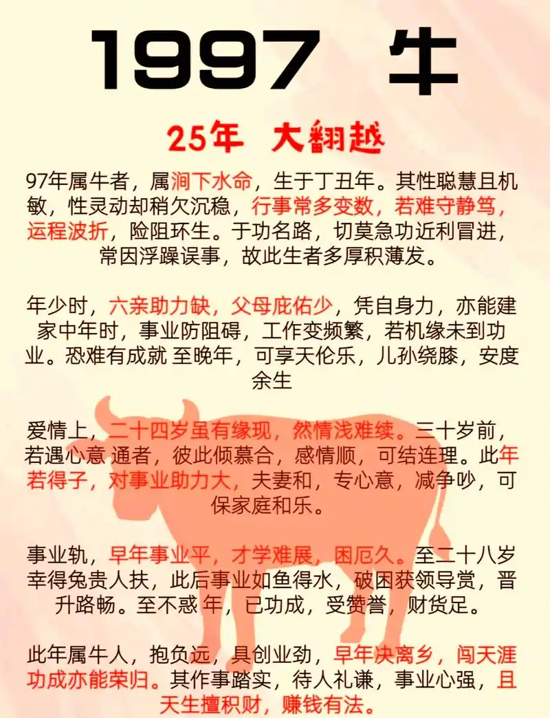 1997年农历正月十六出生的人属牛，请问他的命理特点是什么？