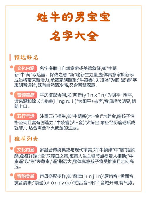 姓牛的男孩起什么名字既带牛字又好听呢？