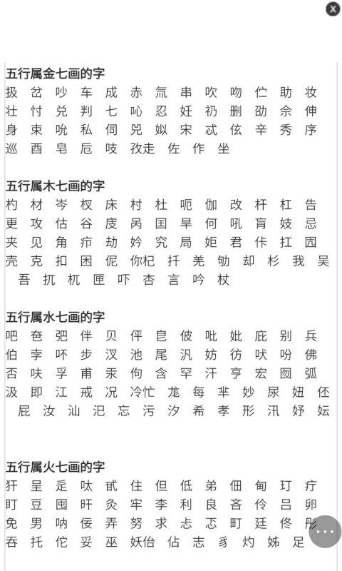 七画字的五行属性