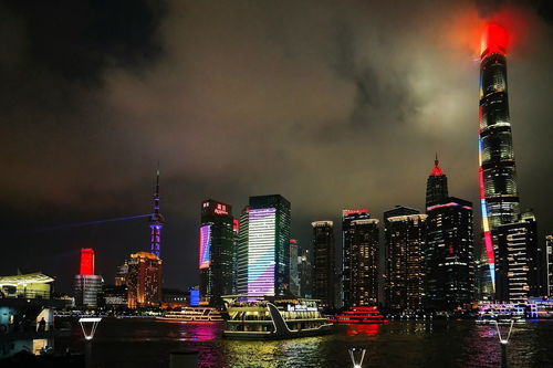 夜色笼罩的外滩， 灯光像是被喝醉的酒瓶随意撒在江面上