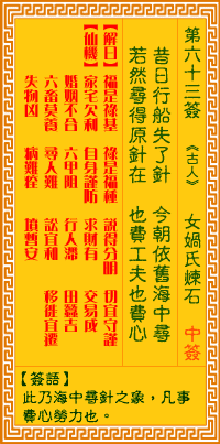 观音灵签100签解签书中，关帝第六十三签的解签内容是什么？