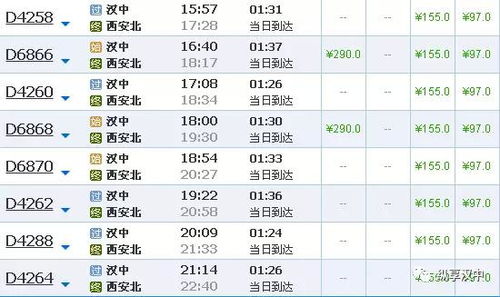 各车次价格参考（仅供参考！）